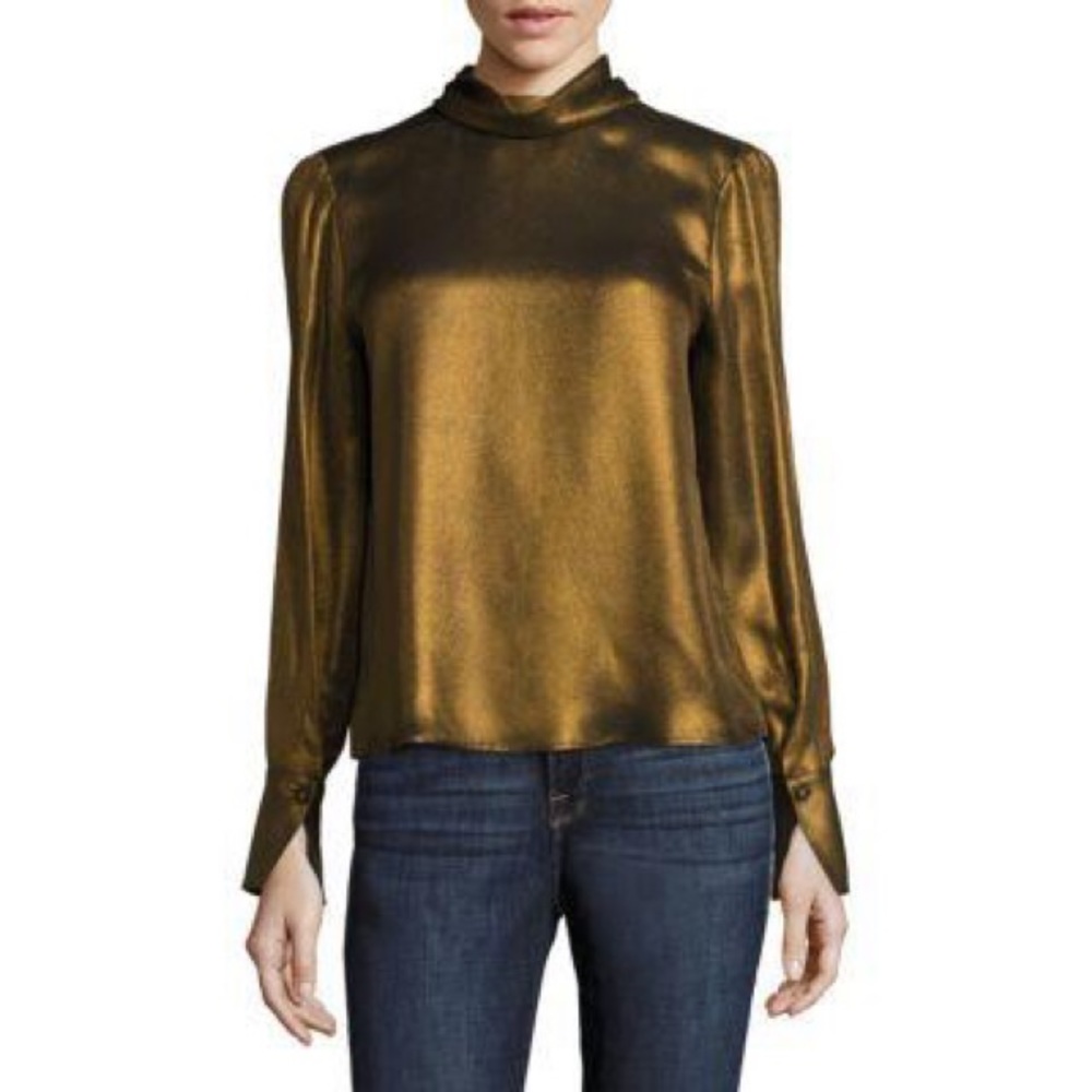 FRAME Gold Turtleneck Long-Sleeve Metallic Blouse